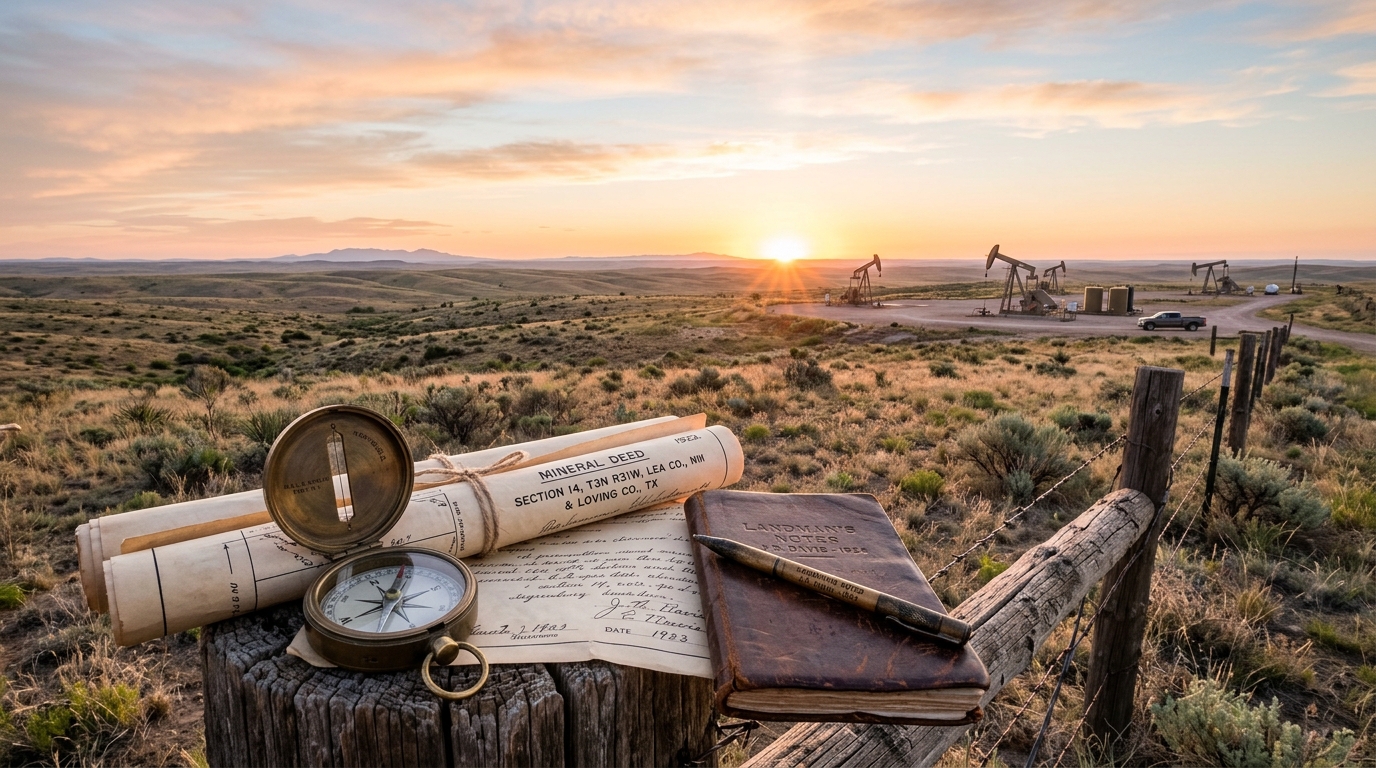 Parchment mineral deed, brass compass, and landman field notebook with West Texas Permian Basin pumpjacks at golden sunrise