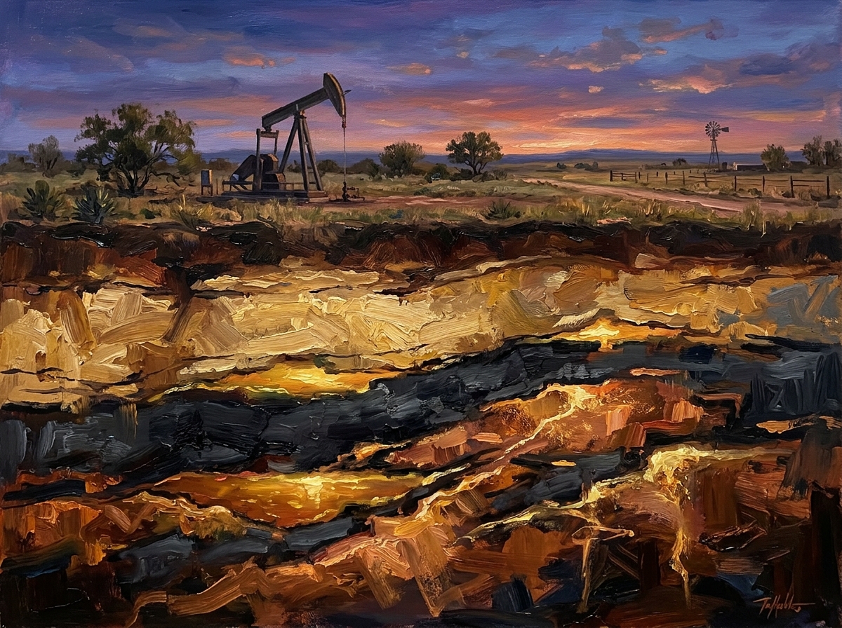 Impressionistic fine art painting of oil and gas subterranean strata layers beneath a prairie pumpjack at sunset